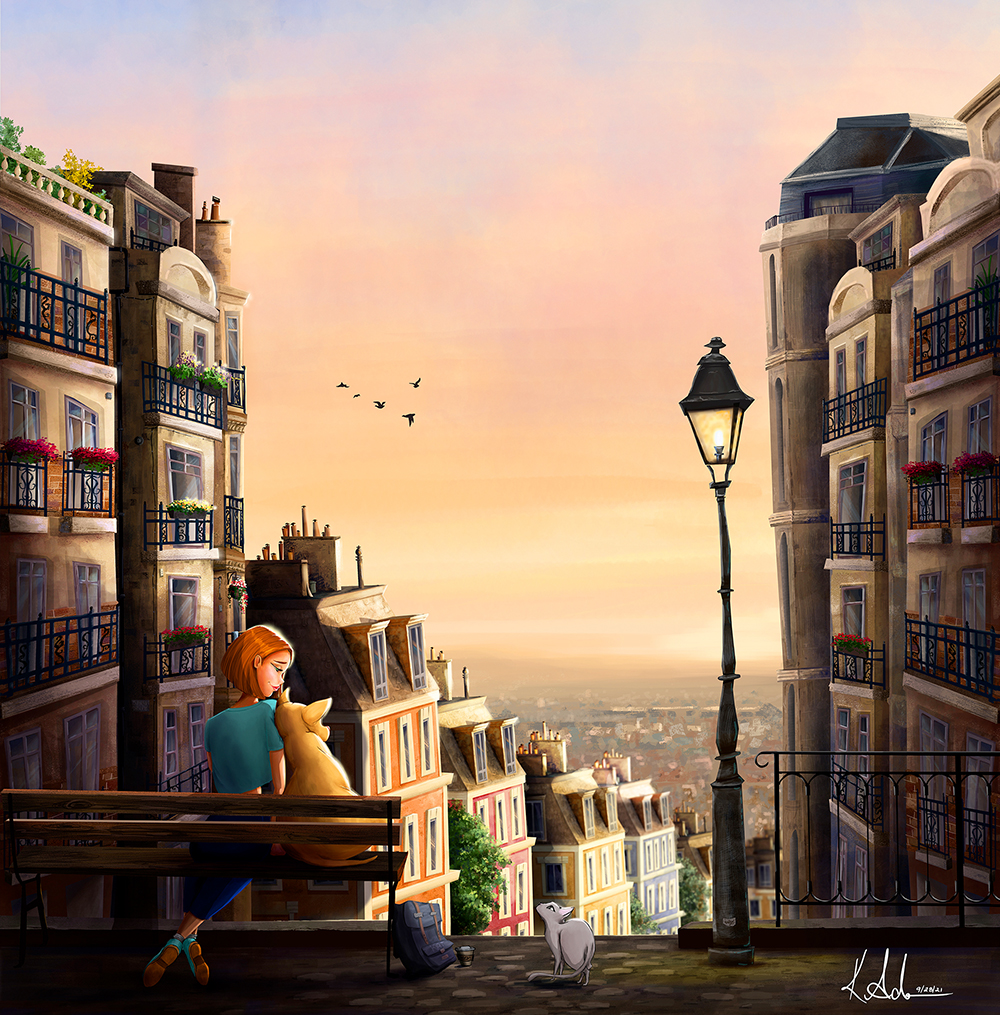 Illustration City Sunset Girl with Dog Best Friend Cat nearby birds flying
