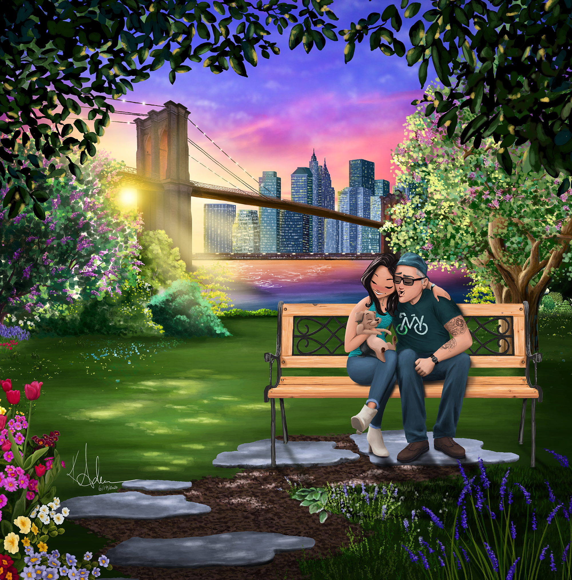Family at Brooklyn bridge New York Artwork