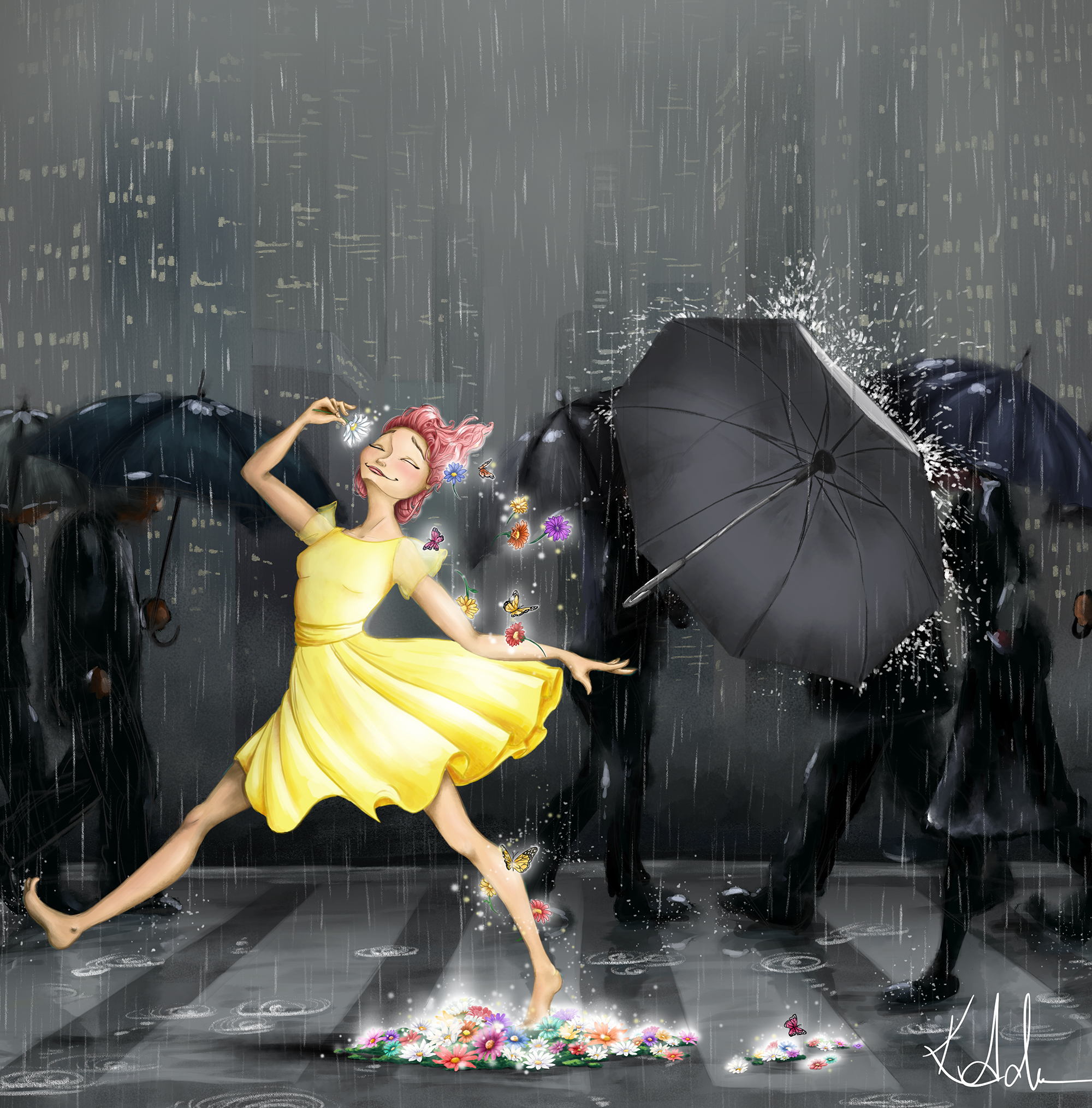 Woman Yellow Dress Dancing in the Rain Illustration
